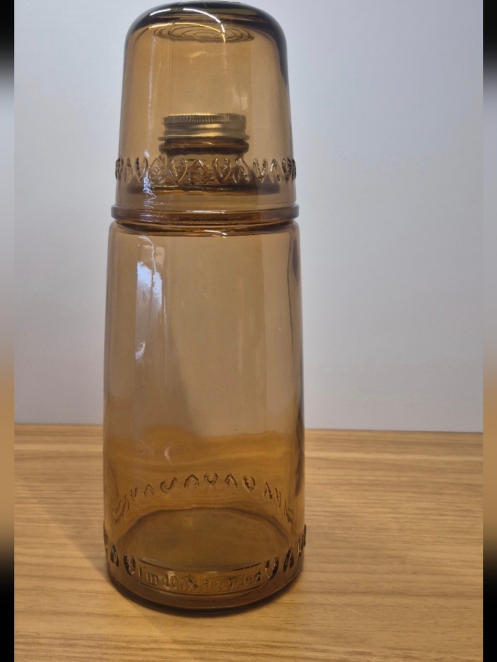 ​Vintage Amber Stained Glass Bedside Tumble-Up Heart Vine Carafe Set